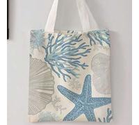 Shein Bolso de hombro de lona con estampado de elementos oceánicos, bolso de playa casual de gran capacidad reutilizable, bolso de compras de hombro de gran