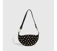Shein Bolso de hombro en forma de media luna de ante negro con un toque de estilo ELLA GRACE, adornado con tachuelas y anillos dorados que le dan un aspecto