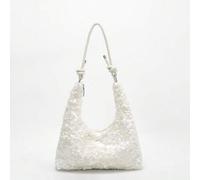 Shein Bolso de hombro para mujer con lentejuelas perladas, elegante y glamoroso, bolso romántico de media luna para bodas y fiestas, color blanco, adecuado