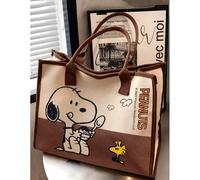Shein Bolso de lona con diseño de Snoopy de PEANUTS, de tela beige y caramelo, con estampado gráfico de Snoopy sosteniendo una cuchara, interior espacioso,