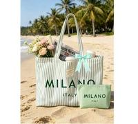 Shein Bolso de lona con estampado de letras "Milan", bolso tote vintage a rayas, con lazo, bolso cosmético, bolso de hombro a rayas de gran capacidad para m
