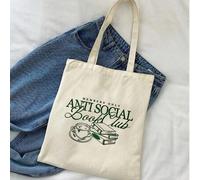 Shein Bolso de lona del club de lectura antisocial | Bolso de hombro de mujer con texto e gráficos en verde | Lavable a máquina | Uso casual diario | Bolso