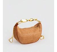 Shein Bolso de lujo estilo elegante para mujer con asa inclinada, hecho de material de paja caqui con diseño de borde de bolsa marrón, herrajes metálicos en