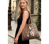 Shein Bolso de mano con estampado de leopardo de moda, inicial A-Z con arte floral de rosa blanca, material de tela de poliéster nailon Oxford, bolso tote d