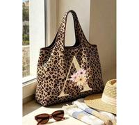 Shein Bolso de mano con estampado de leopardo de moda, inicial A-Z con flores doradas, tela de poliéster nailon Oxford, bolso tote de gran capacidad con est