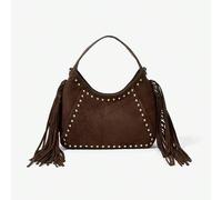 Shein Bolso de mano de ante marrón oscuro con remaches dorados y flecos, estilo retro clásico, versátil y sencillo, para mujer, ideal para compras diarias,