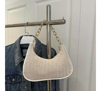Shein Bolso de mano de paja con cadena de metal de unicolor en forma de media luna, bolso multiusos de mujer, embrague, bolso de playa, bolso casual de paja
