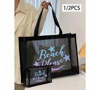 Shein Bolso de mano grande con capacidad y bolsa cosmética de malla. Bolso de playa de malla con letras degradadas que dicen "Beach" y patrón de estrella de