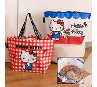 Shein Bolso de mano grande tejido con diseño de Hello Kitty, bolso de hombro lindo con dibujos animados y correas anchas, bolsa de compras reutilizable para