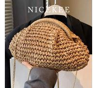 Shein Bolso de paja de moda para mujer, nicho de moda popular estilo Mori tejido, estilo literario con cadena, bolso de hombro, bolso bandolera casual todo