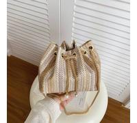 Shein Bolso de paja tejido versátil y de moda para mujer, bolso cubo con cadena dorada y decoración de perlas, adecuado para la playa, salidas, compras, vac