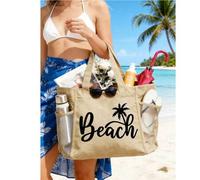 Shein Bolso de playa con tema de playa, Bolso de lona de lino de playa Set de 1/2/3 piezas con bolsa con cremallera a juego, Bolso de mujer impreso con letr