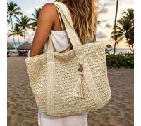 Shein Bolso de playa de ganchillo hueco beige, correa de hombro ancha tejida con decoración de borla de cuentas de madera, bolso de hombro grande tejido par