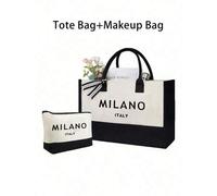 Shein Bolso de playa de mujer estilo italiano de Milán con neceser, de material de lona, adecuado para artículos de playa, bolso de tote espacioso y portáti