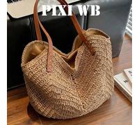 Shein Bolso de playa de paja beige elegante con correa de hombro de PU, perfecto para la playa, vacaciones, compras y viajes diarios. Adecuado para estudian