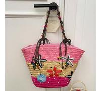 Shein Bolso de playa de paja con bloqueo de color, rayas, flores 3D, estrella de mar y decoración con cuentas, con asa de mano y correa para el hombro, cier