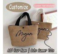Shein Bolso de playa de paja tejido hecho a mano personalizado - Bolso de verano vintage personalizable con nombre, bolso de hombro de ratán de gran capacid