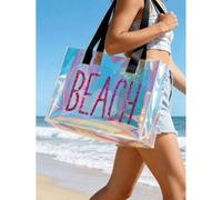 Shein Bolso de playa transparente láser impermeable y a prueba de arena para mujer, con letras de playa de dibujos animados, pequeños peces coloridos, patró