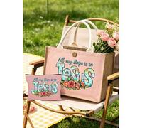 Shein Bolso de tela de lino con bloques de color y parches, impreso con el texto "All My Hope Is In Jesus", con estampado floral y de letras frescos, bolso