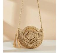 Shein Bolso redondo de paja tejido a mano Gusure, bolso cruzado con decoración de flecos bohemios, bolso de playa con diseño hueco a la moda, adecuado para