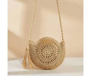 Shein Bolso redondo de paja tejido a mano Gusure, bolso cruzado con decoración de flecos bohemios, bolso de playa con diseño hueco a la moda, adecuado para