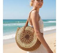 Shein Bolso tejido clásico, bolso de playa redondo para mujer, bolso de paja para mujer, bolso bandolera, bolso de mano, esencial de playa, necesidad de pla