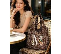 Shein Bolso Tote de Estampado de Leopardo de Moda, Iniciales A-Z con Letras Blancas de Margarita y Girasol, Material de Tela de Poliéster Nylon Oxford, Bols