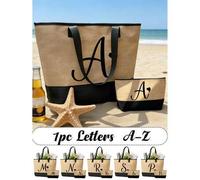 Shein Bolso tote de lino negro para mujer, estampado con patrón de letras A-Z, bolso tote multifuncional, puede usarse como bolso de trabajo, bolso para com