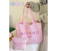 Shein Bolso Tote Vintage a Rayas Rosa & Blanco con Estampado "Milan", Bolso Tote de Lona de Gran Capacidad para Mujer, Cremallera a Juego, Bolso de Hombro M