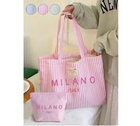 Shein Bolso Tote Vintage a Rayas Rosa y Blanco con Estampado "Milán", Bolso Tote de Lona de Gran Capacidad para Mujer, Cremallera del Mismo Color, Bolso de