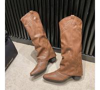 Shein Botas altas con efecto retro y remaches, estilo francés, tipo botas vaqueras versátiles, ideales para usar con corsé y vestidos largos