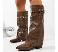 Shein Botas altas con punta puntiaguda y tacón apilado al estilo occidental para mujeres, botas retro para la pierna