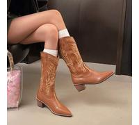 Shein Botas altas de caña con remaches de estilo vintage, botas medianas de caña al estilo francés para mujer, botas vaqueras versátiles tipo montar para pe