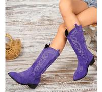 Shein Botas altas de estilo occidental bordadas con diseño vintage de caballero para mujer, botas de moda de tacón grueso que no llegan a la rodilla y de ta