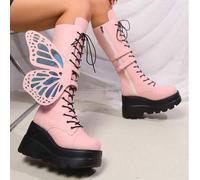 Shein Botas altas de tacón grueso y punta redonda para mujer, color rosa, con cordones y elástico, botas de moda para otoño/invierno, zapatos Y2K