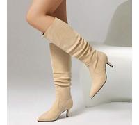 Shein Botas altas de tacón negro con punta fina y efecto arrugado y piel, de estilo deslizante y sin cordones, para mujer. Moda de gran para el otoño/invier