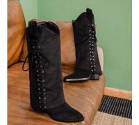 Shein Botas altas de unicolor para mujer, con tacón medio y grueso, en material tipo antelina suave al tacto, estilo de western y punta afilada, con cordone