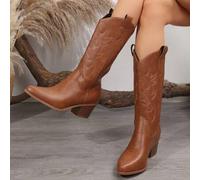 Shein Botas altas para mujer 2024 Nuevas de primavera y otoño, para combinar con suéter, botas bordadas vintage de tacón grueso, tipo montar a caballo, esti