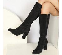 Shein Botas altas para mujer, Otoño/Invierno 2024, nueva punta redonda, tacón alto, cremallera lateral, tacón grueso, elástico en el eje, botas tipo equitac