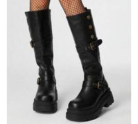 Shein Botas con hebilla de estilo occidental, retro británico, de tacón grueso para mujer. Nuevos modelos de otoño/invierno 2025, botas de montar ajustadas
