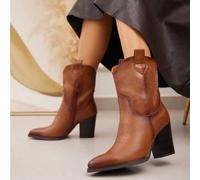 Shein Botas cortas de tacón alto grueso con estilo vintage occidental, amigables para el transporte