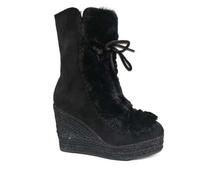Shein Botas de cuña estilo australiano con forro de yute y piel, con cremallera y cordones, cómodas y cálidas para otoño-invierno