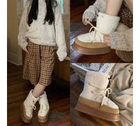 Shein Botas de nieve con correa de lana de cordero para otoño e invierno, nuevas botas de media caña de moda retro para mujer, zapatos de algodón cálidos qu