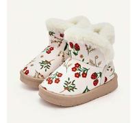 Shein Botas de nieve para niñas color beige con lindo patrón de flores pequeñas y fresas de dibujos animados, esponjosas, de moda, cálidas, cómodas y casual