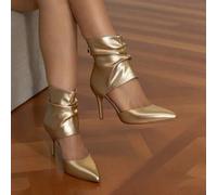 Shein Botas de tacón alto para mujer, botas de tobillo de moda, botas de tobillo con tacón de aguja y punta afilada con calado hueco y plisado en color dora