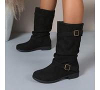 Shein Botas de tacón apilado con pliegues nuevas para otoño/invierno 2025 para mujeres, botas de montar de mediados de pantorrilla con puntera puntiaguda, e