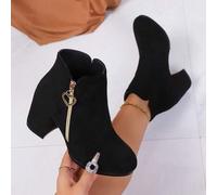 Shein Botas de tela con tacón ancho de moda elegante para mujer "Beyond Paradise", cierre con cremallera de metal con corazón dorado, puntera puntiaguda y d