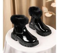 Shein Botas de tobillo de piel sintética negra brillante dulce & fresca para niñas con cremallera lateral, adecuadas para salidas de invierno y atuendos de