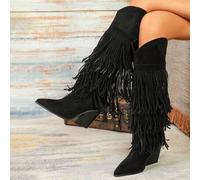 Shein Botas de vacaciones con tacón grueso, cremallera lateral y flecos decorativos de serraje sintético negro para mujer, otoño/invierno 2025. Botas vaquer