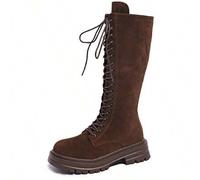 Shein Botas marrones para mujer, nuevas botas de moda de media caña de tubo recto, de ante sintético marrón con cordones, para otoño/invierno